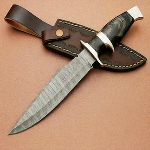 Cuchillo de caza de acero de Damasco con punta de gota, mango de madera y filo recto para uso en exteriores, Short Sign Industry - Product Image 1