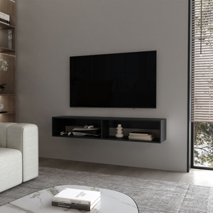 Floating Media Rack In Melamine With Two Shelves Black <b>Storage</b> Shelf <b>Unit</b> - Product Image 1