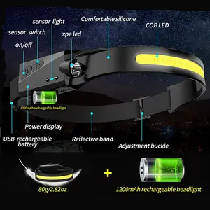 230 lampu sorot lebar dapat disesuaikan, bando tahan air Sensor gerak dapat diisi ulang lampu depan lampu besar COB untuk lari berkemah mendaki