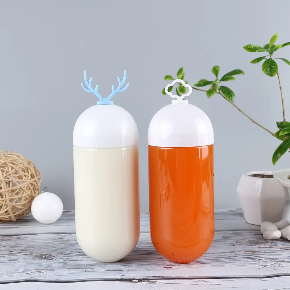 Empty Capsule Shape Food Grade Clear Plastic Disposable Milk Juice Beverage Bottles 17 oz 500ml Containers with Plastic Cap