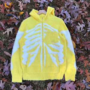Sweat à capuche zippé personnalisé avec motif tête de mort, jaune vif, style streetwear, cardigan tricoté à capuche Y2K unisexe - Product Image 1