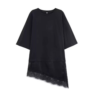 Nuova Moda 2026: T-shirt da Donna con Collo Tondo, Maniche Corte, Asimmetrica, <span class=keywords><strong>in</strong></span> Canapa e <span class=keywords><strong>Pizzo</strong></span> - Product Image 2