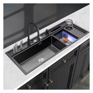 Pia de cozinha inteligente em aço inoxidável 304 para limpeza totalmente automática, pia de cozinha de tigela única