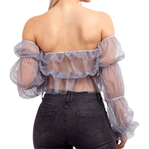 Logo personalizzato Oem di alta qualità da donna alla moda moda estivo <span class=keywords><strong>camicetta</strong></span> femminile all'ingrosso in <span class=keywords><strong>Tulle</strong></span> bianco manica lunga maglia Crop Top - Product Image 5