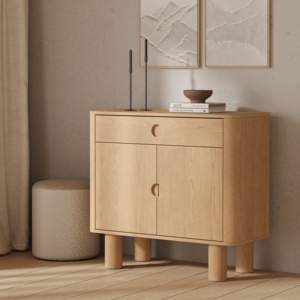 Buffet Japandi Premium en Chêne <span class=keywords><strong>Naturel</strong></span>, 38,5 Pouces, <span class=keywords><strong>Panneaux</strong></span> Latéraux Arrondis, 1 Tiroir, 2 Portes, Meuble de Rangement de Luxe pour Salle à Manger - Product Image 1