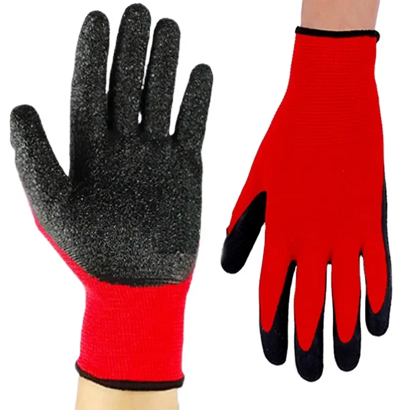 Gants de protection des mains de travail de sécurité enduits froissés en latex de calibre 13 pour la construction domestique de jardinage