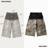 Shorts en jean pour homme surdimensionnés et respirants, à jambes larges, bicolores, camouflage, avec surpiqûres contrastées, pour l'été, couleur foncée, fabricant OEM