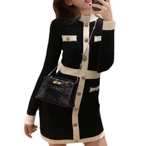 Abito Estivo <span class=keywords><strong>Midi</strong></span> Elegante in Tweed Elasticizzato, Casual, a Vita Naturale, <span class=keywords><strong>Manica</strong></span> <span class=keywords><strong>Corta</strong></span>, in Maglia - Product Image 1
