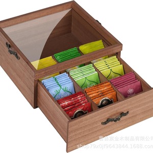 Wooden Desktop <b>Tea</b> Bag Storage <b>Box</b> With Acrylic Lid Nine Compartment Organizer For <b>Tea</b> Coffee Bags Drawer Style - Product Image 1