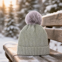 Bonnet tricoté côtelé épais avec pompon en fausse fourrure, chaud pour l'hiver, unisexe, couleur unie, revers pliable, idéal pour les voyages