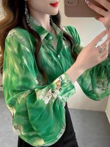 Nuova <span class=keywords><strong>Camicetta</strong></span> in Chiffon con Stampa Floreale <span class=keywords><strong>Arancione</strong></span>, Camicie da Donna con Maniche a Lanterna, Top Ampio Protettivo dal Sole, Blusa Femme 6959 # - Product Image 5