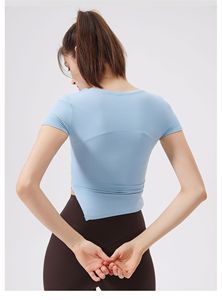 Women Ruched Side <b>Asymmetrical</b> <b>Hem</b> Yoga Crop <b>Top</b> Short Sleeve Slim Fit Stretch Athletic T-Shirt Gym Pilates Sports Tee Wholesale - Product Image 2