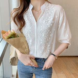 New Embroidery Hollow Middle Sleeve <b>Tops</b> Loose <b>Bubble</b> Sleeve Women's Thin Blouse Fashion - Product Image 3