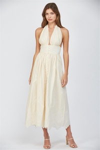 เดรสลำลองผู้หญิงสำหรับฤดูใบไม้ผลิและฤดูใบไม้ร่วง - เซ็กซี่เปิดหลัง คอผูกเชือก ปักลายดอกไม้ ผ้าฝ้าย 100% ระบายอากาศได้ดี ยาวกรอมพื้น ทรงเอ  ODM - Product Image 2