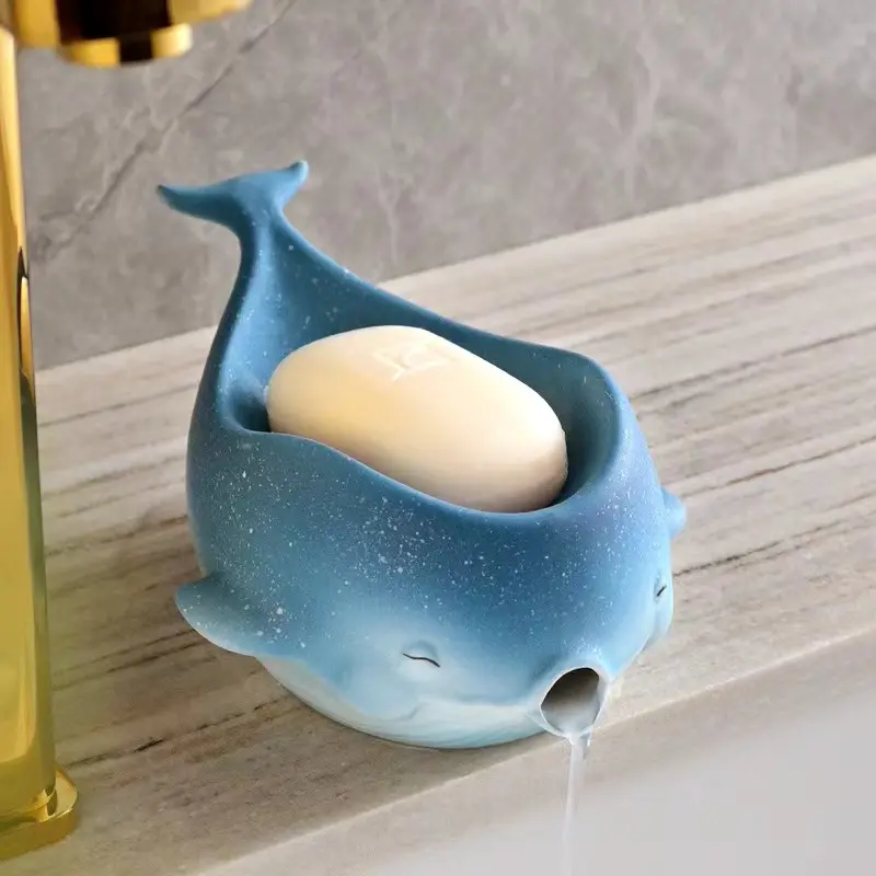 Jabonera de cerámica con forma de delfín creativa de agua de drenaje completo personalizada, jabonera de cerámica para Baño