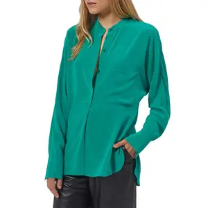 OEM Custom Classic Neutral Bluish Green Solid O Neck Unisex Shirt Women Linen Shirt for Women