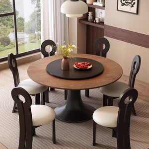 Table à manger ronde en bois massif de style français, style rétro américain avec plateau tournant, table à manger en bois de frêne marbré - Product Image 2