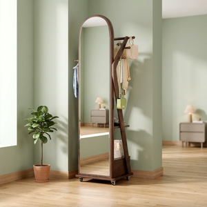Espejo de pie con marco de madera y estantes de almacenamiento, perchero para uso doméstico, diseño moderno de mediados de siglo - Product Image 4