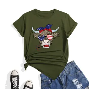 Tik Tok Supplier fashion American cattle printed t shirts for women high quality army green t-shirts O neck women's t-shirts