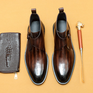 Bottes à bride monacale pour hommes en cuir véritable, bout rond, semelle extérieure en caoutchouc, chaussures habillées unies toutes saisons pour le travail, vente en gros - Product Image 3