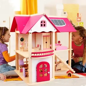 Wooden Houses Pretend Toy Wooden Doll House/ Kids Wooden Doll Villa with Doll Room Furniture dollhouse