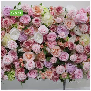 Wedding Rose Artificial Flowers GNW Wedding Stage Back Drop Decorative Pink Rose Hydrangea Wall Rolled Up Artificial Flower White Backdrop