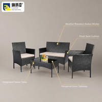 Ensemble de meubles de patio extérieur 4 pièces en rotin PE, canapé deux places, 2 fauteuils, table basse en verre noir, jardin