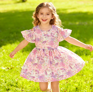 Los más nuevos niños hombro frío Flutter manga vestido verano Casual Ruffle Twirl vestido unicornio <span class=keywords><strong>y</strong></span> flor una línea bebé niña vestido - Product Image 3
