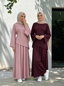 Conjuntos Modestos Islámicos Personalizados de Dos Piezas, Top de Manga Larga con Dobladillo Irregular y Falda Maxi a Juego, Traje Abaya de Moda Diaria para Mujer (01313) - Product Image 3