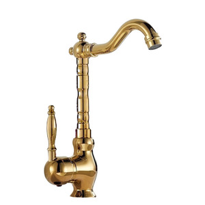 Robinet de lavabo thermostatique en laiton à poignée en céramique dorée, design rétro moderne français, monotrou, à poser sur le plan, pour salle de bain contemporaine, modèle 5 - Product Image 1