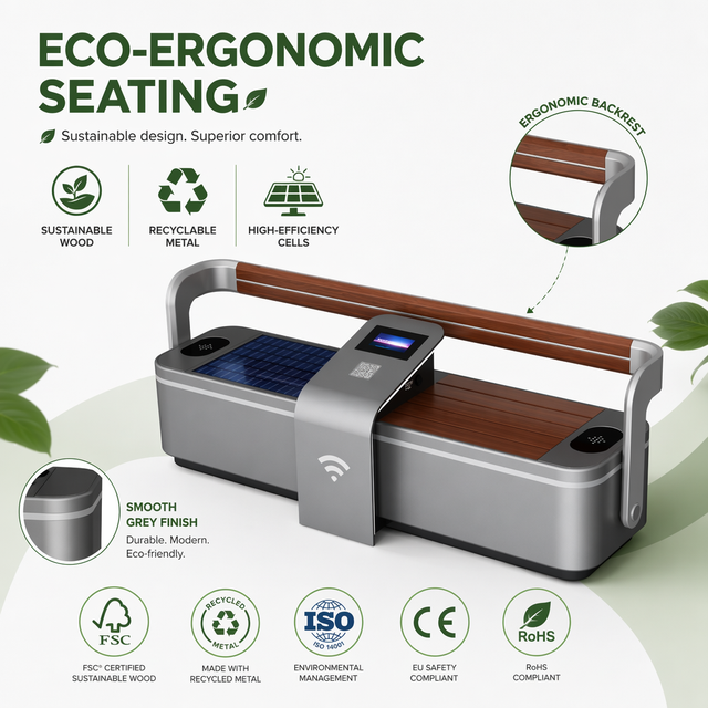 Durable Off-grid Eco-friendly Solar Powered Charging Seat With Fast Charging and Mobile App Support for Urban Plazas