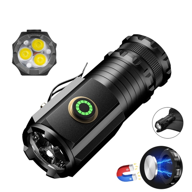 Super Bright 3 LED Mini Flashlight 2000LM Rechargeable Waterproof Photo Studio Torch with Tail Magnet for Camping Light