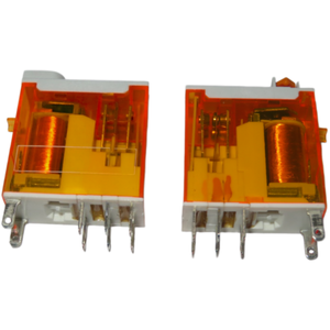 Relé de montaje en PCB, carcasa transparente naranja con bobina de cobre y contactos metálicos - Product Image 1