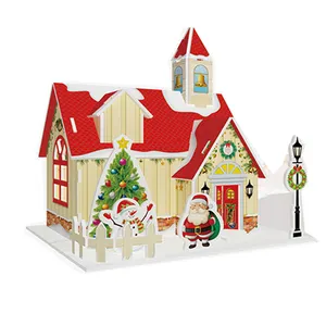 热卖屋3D圣诞纸屋模型玩具圣诞老人路灯纸板拼图拼图