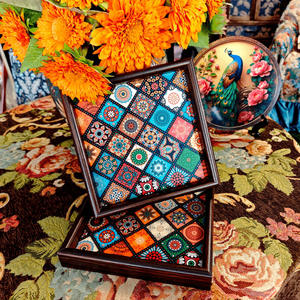 صينية شاي خشبية بتصميم بوهيمي عتيق باللون البرتقالي، صينية تخزين للمكتب والطاولة - Product Image 3