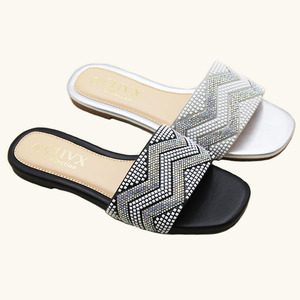 Nuevas Sandalias Planas de Verano con Punta Cuadrada y Pedrería Brillante para Mujer - Estilo Babucha Diaria - Product Image 1