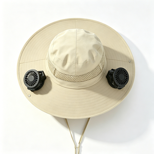 UPF50+ Wide Brim Canvas Sun Hat 2 Rechargeable Cooling <b>Fans</b> Mesh Breathable Windproof Chin Strap UV Protection Unisex Hat - Product Image 4