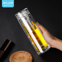 Bouteille d'eau en verre borosilicaté à double paroi de luxe de 350ml élégante avec logo personnalisé Infuseur à thé Flacon d'affaires ODM Modèle thermique
