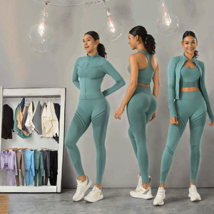 Conjunto de Yoga Ecológico de 3 Piezas Más Vendido, Leggings de Cintura Alta para Hombre, Sujetador Deportivo, Chaqueta con Cremallera y Logotipo Frontal, Conjuntos Cristalinos Sólidos - Product Image 2