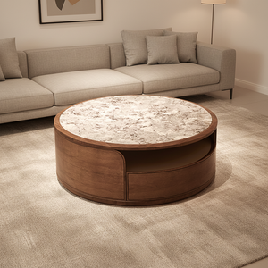 Mesa de Café Redonda Moderna Minimalista Durável em Madeira de Noz Preto Sólido para Sala de Estar Direto da Fábrica - Product Image 1