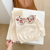 Sweater Rajut Katun Pointelle Bordir Bunga Kerah Peter Pan Kancing Bayi Perempuan Tepi Scallop Pakaian Rajut Bayi Baru Lahir Balita