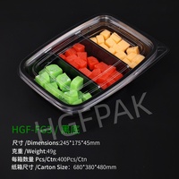 Emballage alimentaire jetable écologique en plastique PET RPET rectangulaire à 3 compartiments de 50 oz, base noire, couvercle transparent, boîte à salade