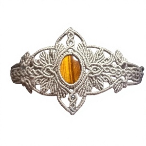 Handmade Tiger Eye Macrame Cuff <b>Bracelet</b> Intricate Floral Design Natural Gemstone Boho <b>Healing</b> Crystal Gold Jewelry Wedding Gift - Product Image 1