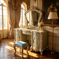 Table de toilette de luxe européenne en bois massif sculpté doré avec miroir et tabouret pour chambre de villa – Vente en gros