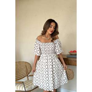 Vestido casual de verano de viscosa a cuadros con hombros descubiertos, cintura elástica, corte en A, manga con volantes, transpirable y tejido para ocio. - Product Image 2