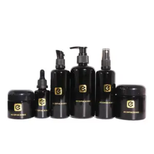 Luxury 30ml 50ml 100ml Black Essential Oil Dark Violet Glass Bottles With Dropper And Pump Spray And Face Cream Jar