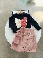 Ensemble deux pièces pour filles, style coréen, chemise à manches longues à fleurs + jupe plissée en PU, vêtements pour enfants anti-rides, mode automne