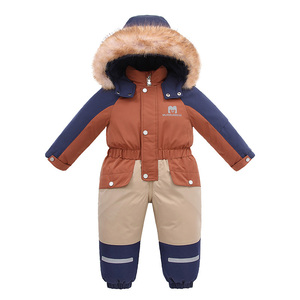 High Quality Waterproof Three-color Block Kids One-Piece <strong>Snowsuit</strong> Two-way Zipper Winter Warm Fur Hood <strong>for</strong> <strong>Toddler</strong> Boys Girls - Product Image 1