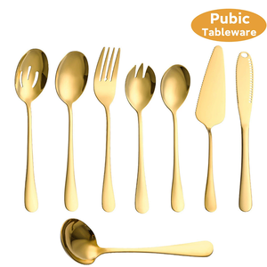 1010 Gold <b>Flatware</b> Collection - Serving Spoon Soup LadleSalad ForkCake Slice & Cheese Knife for Restaurants/Hotels - Product Image 1