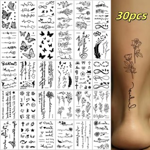 Autocollants de <span class=keywords><strong>tatouage</strong></span> temporaire pour femmes, 30 pièces/ensemble, cœur noir/pendragne/floral et céleste, faux <span class=keywords><strong>tatouage</strong></span> imperméable, autocollant imperméable - Product Image 1